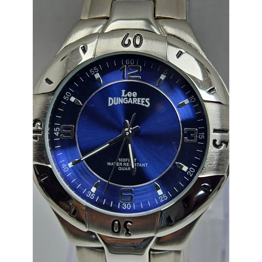 Vintage Lee Dungarees Mens Blue Dial Sport Metal Bracelet Y2K Quartz New Battery